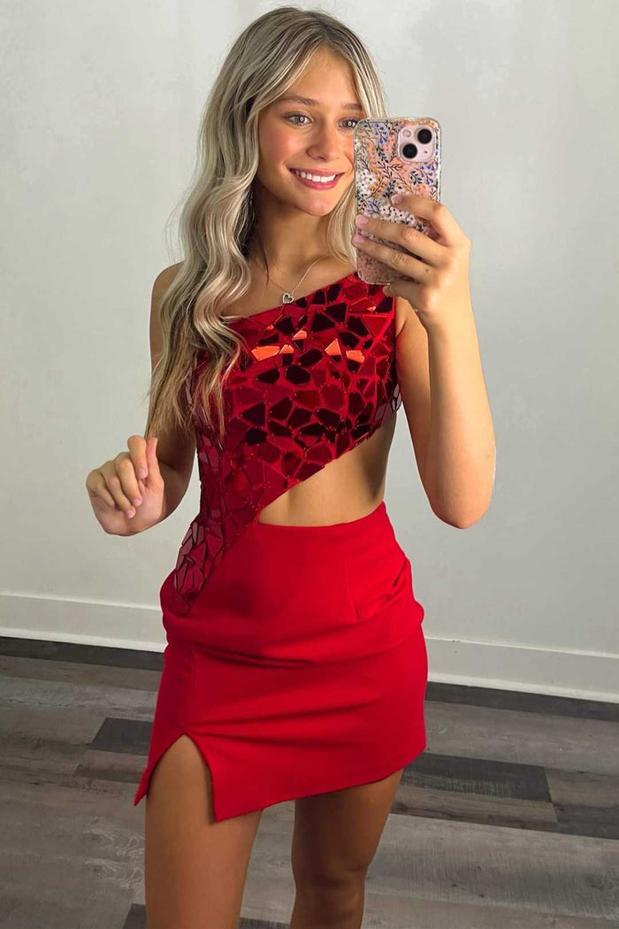 Red Cut Glass Mirror One-Shoulder Cutout Homecoming Dress