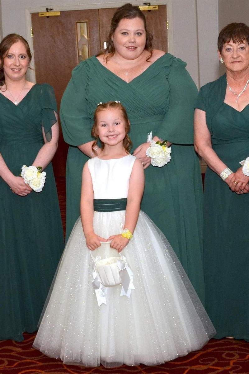 White Jewel Sleeves Buttons Long Flower Girl Dress with Green Bow Sash