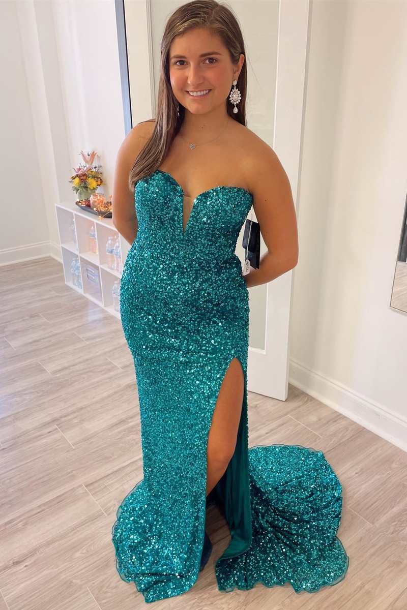 Red Sequin Strapless Mermaid Long Prom Dress with Slit