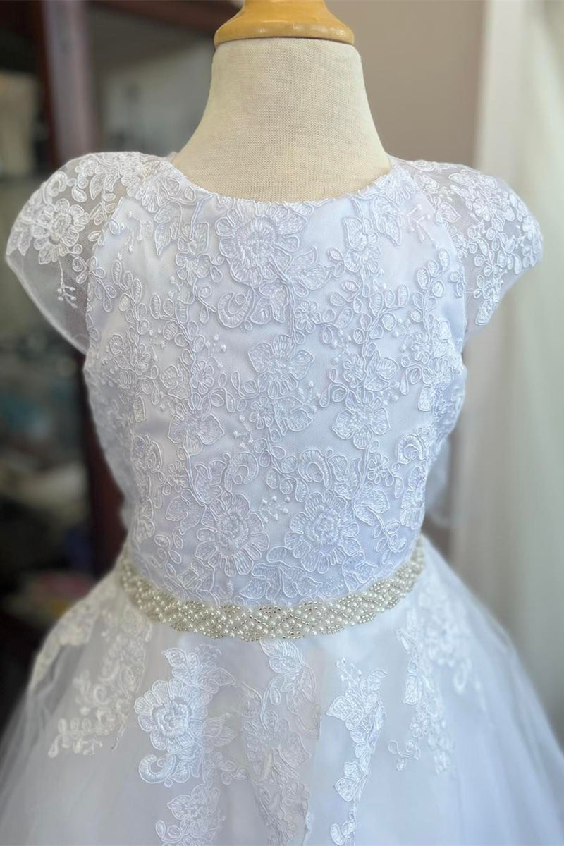 White Cap Sleeves Embroidered Appliques Pearl Beaded Long Flower Girl Dress