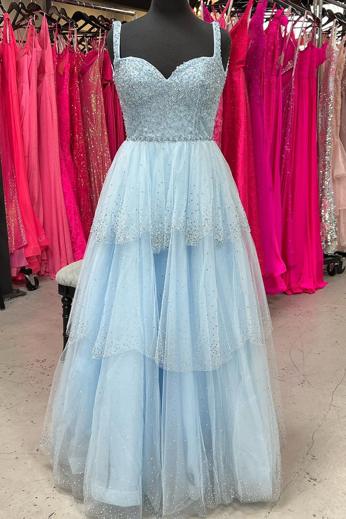 Light Blue Sweetheart Beaded Straps Lace-Up Multi-Layers Long Prom Dress