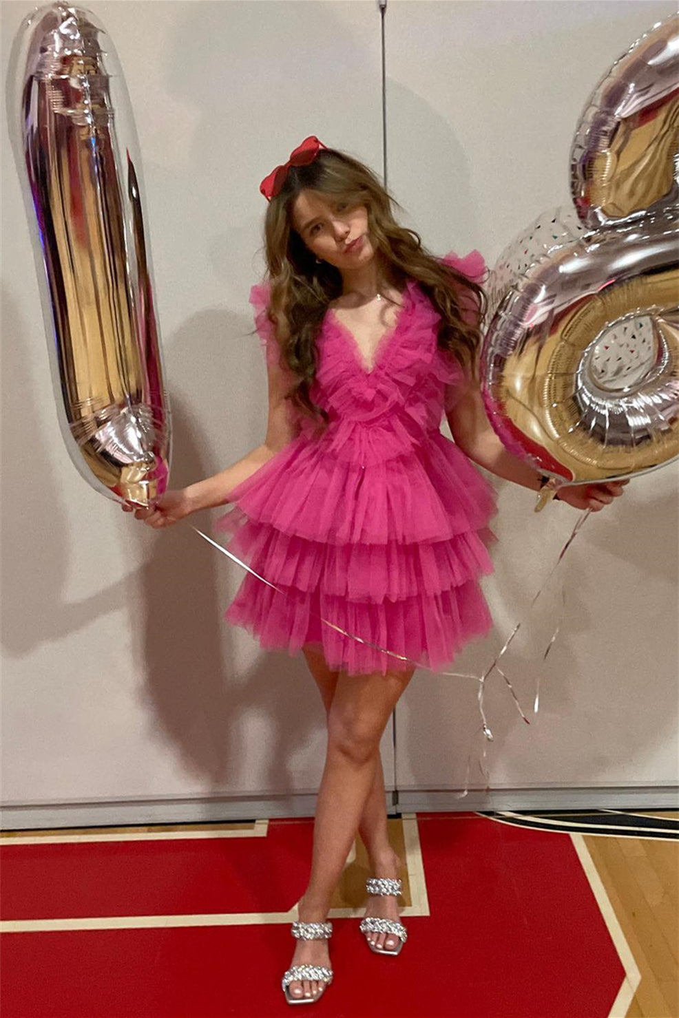 Pink Ruffle-Layers Plunging V Neck Homecoming Dress – Dreamdressy