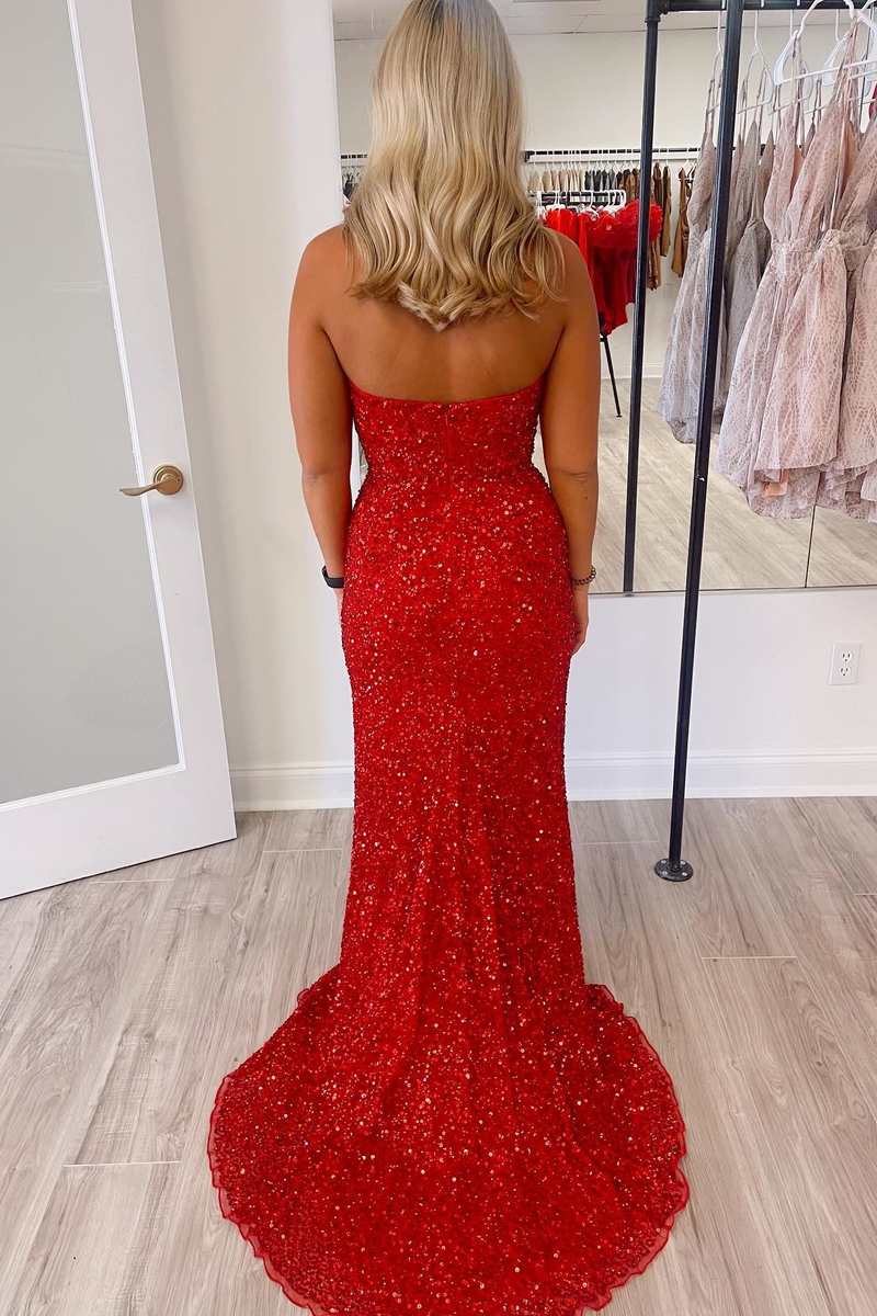 Red Sequin Strapless Mermaid Long Prom Dress with Slit