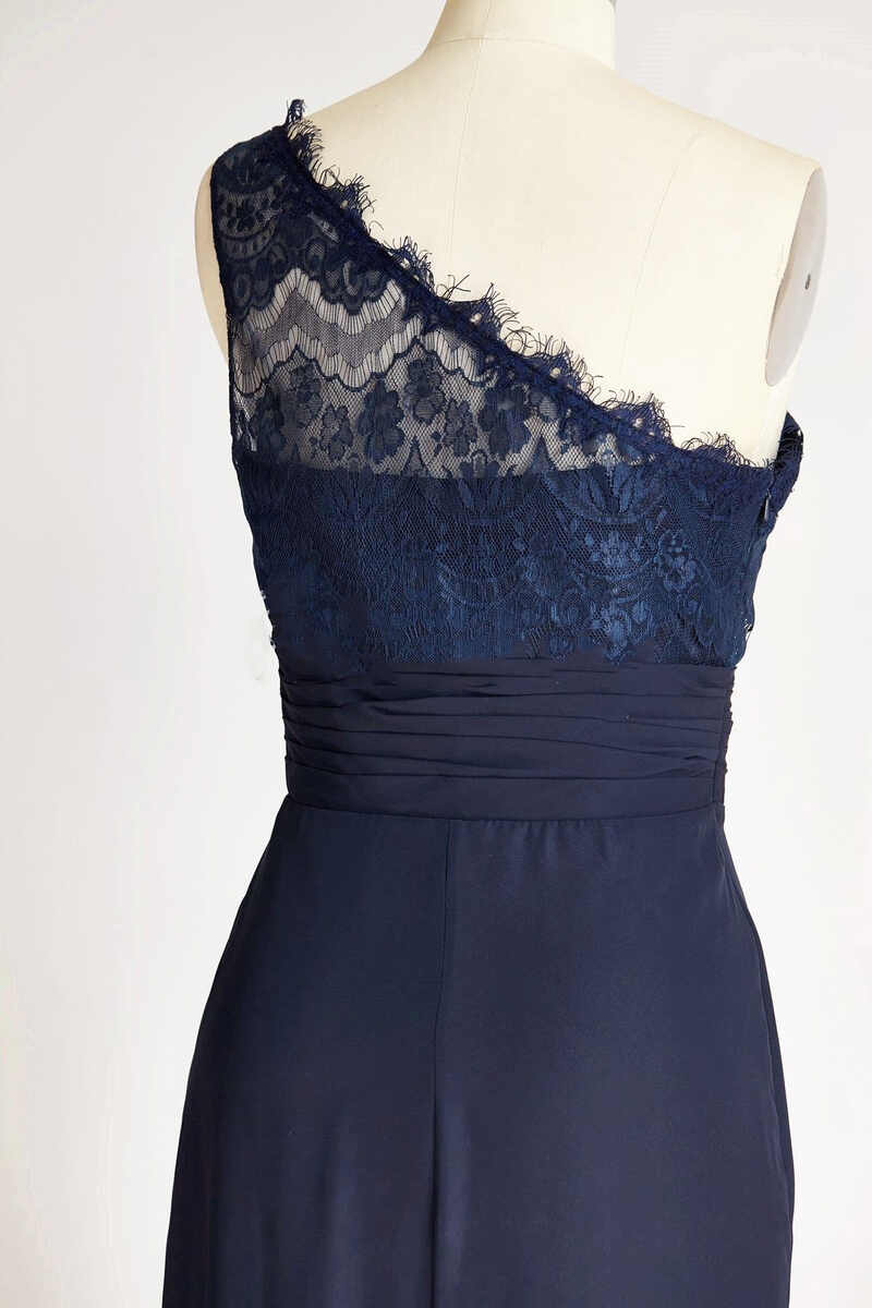 One-Shoulder Navy Blue Lace Long Bridesmaid Dress