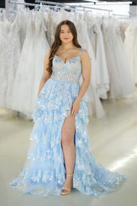 Light Blue Lace Sweetheart Tiered Long Prom Dress with Slit