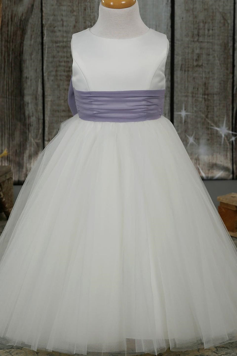 White Jewel Sleeves Buttons Long Flower Girl Dress with Purple Bow Sash