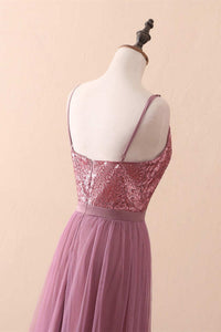 Dusty Purple Sequin Spaghetti Straps A-Line Long Bridesmaid Dress