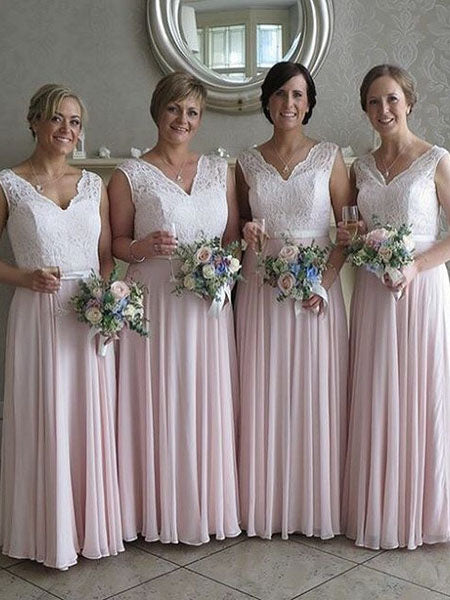 Gorgeous A-Line Pink Long Bridesmaid Dress with White Lace Top