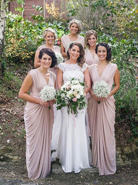 Elegant V Neck Long Blush Pink Chiffon Bridesmaid Dress