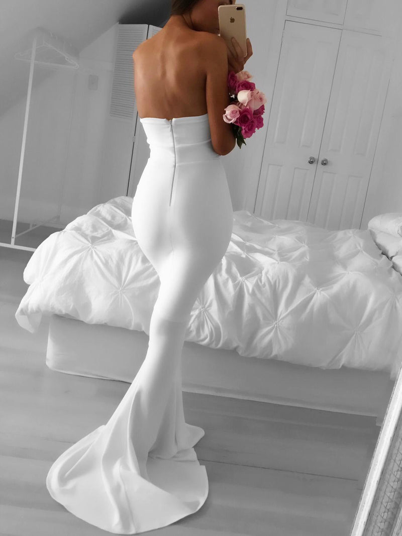 Simple Strapless Mermaid White Long Bridesmaid Dress
