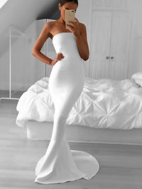 Simple Strapless Mermaid White Long Bridesmaid Dress