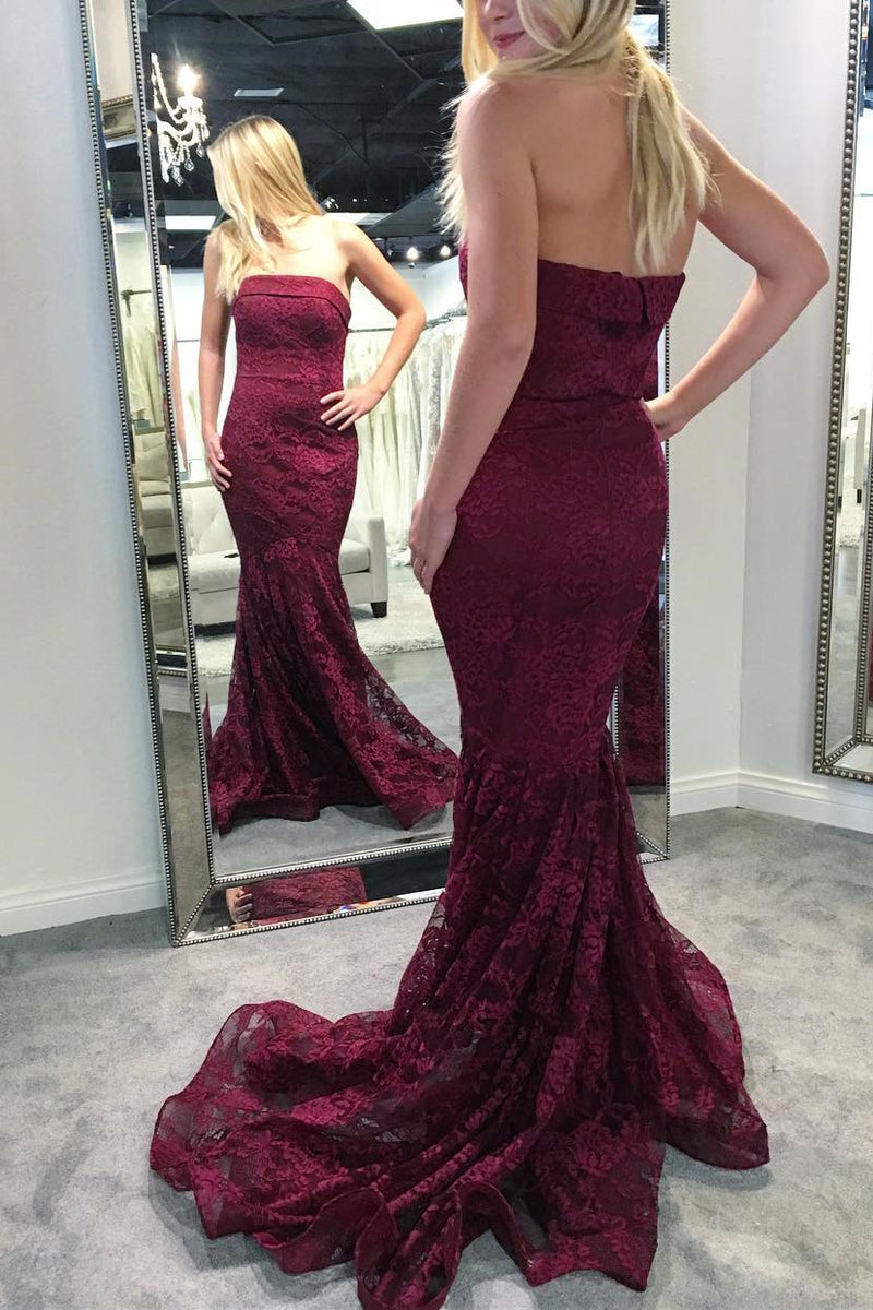 Gorgeous Strapless Mermaid Burgundy Lace Long Bridesmaid Dress