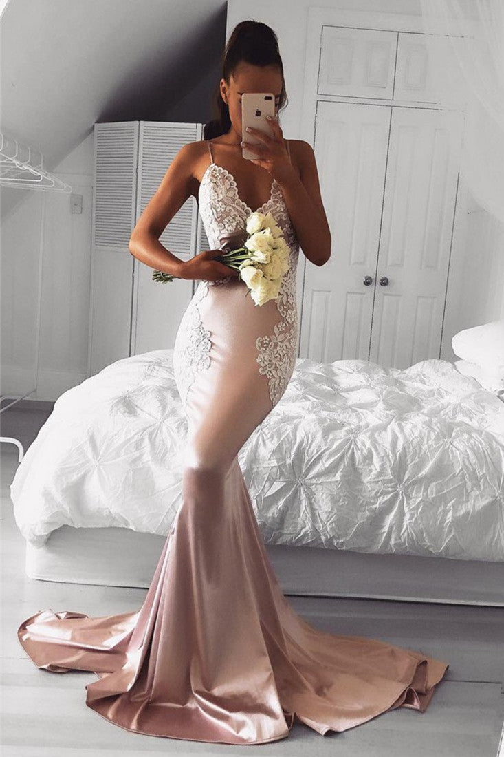 Sexy Straps Pink Mermaid Long Bridesmaid Dress