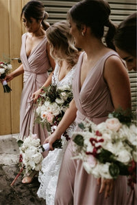 Gorgeous V Neck Fitted Blush Long Bridesmaid Dress