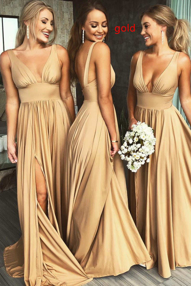 Elegant A-Line V Neck Gold Long Bridesmaid Dress with Side Slit