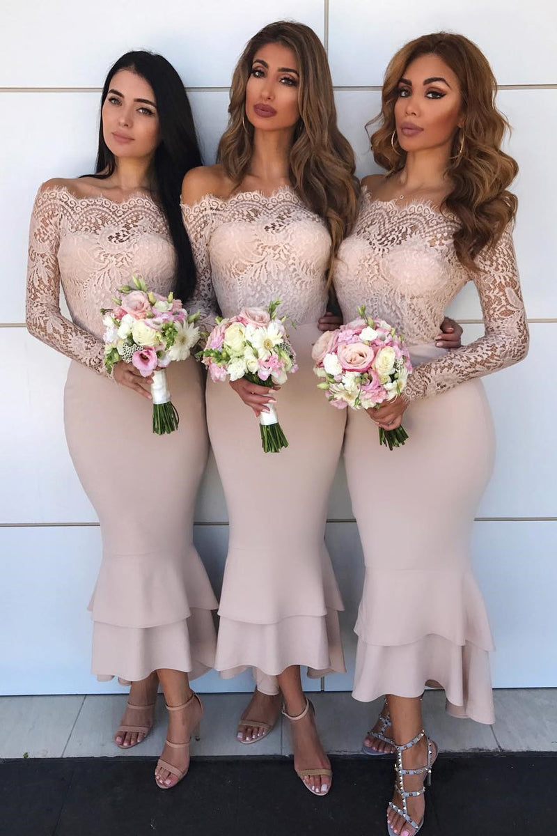 Sexy Long Sleeves Champagne Mermaid Long Bridesmaid Dress