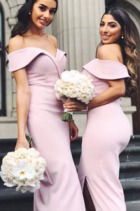 Elegant Off Shoulder Midi Pink Bridesmaid Dress