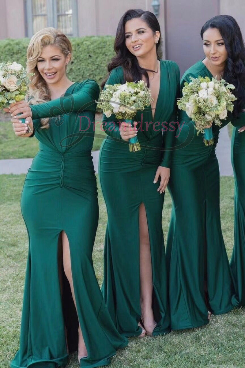 Long Sleeves Green Mermaid Long Bridesmaid Dress with Slit