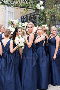 A-line V-Neck Navy Blue Long Bridesmaid Dress with Bow