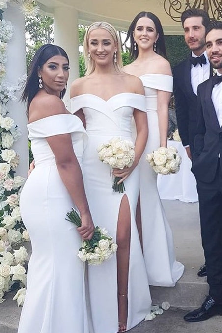 Queendancer Women Ivory Long Chiffon Boho Bridesmaid Dress V-Neck Wedding  Party Dress with Slit – queendanceruk