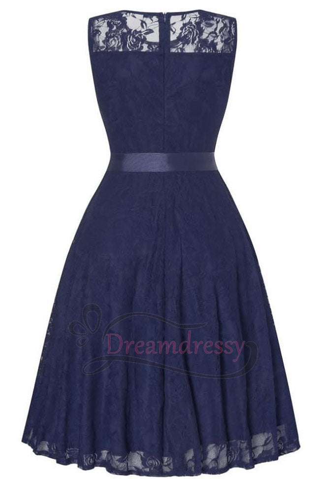 Cute A-Line Short Navy Blue Lace Bridesmaid Dress
