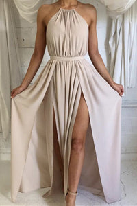 Halter Backless Beige Long Bridesmaid Dress with Slits