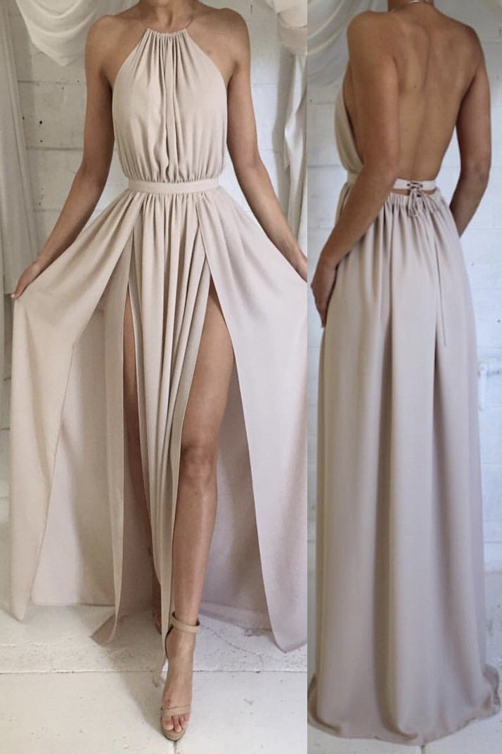 Halter Backless Beige Long Bridesmaid Dress with Slits