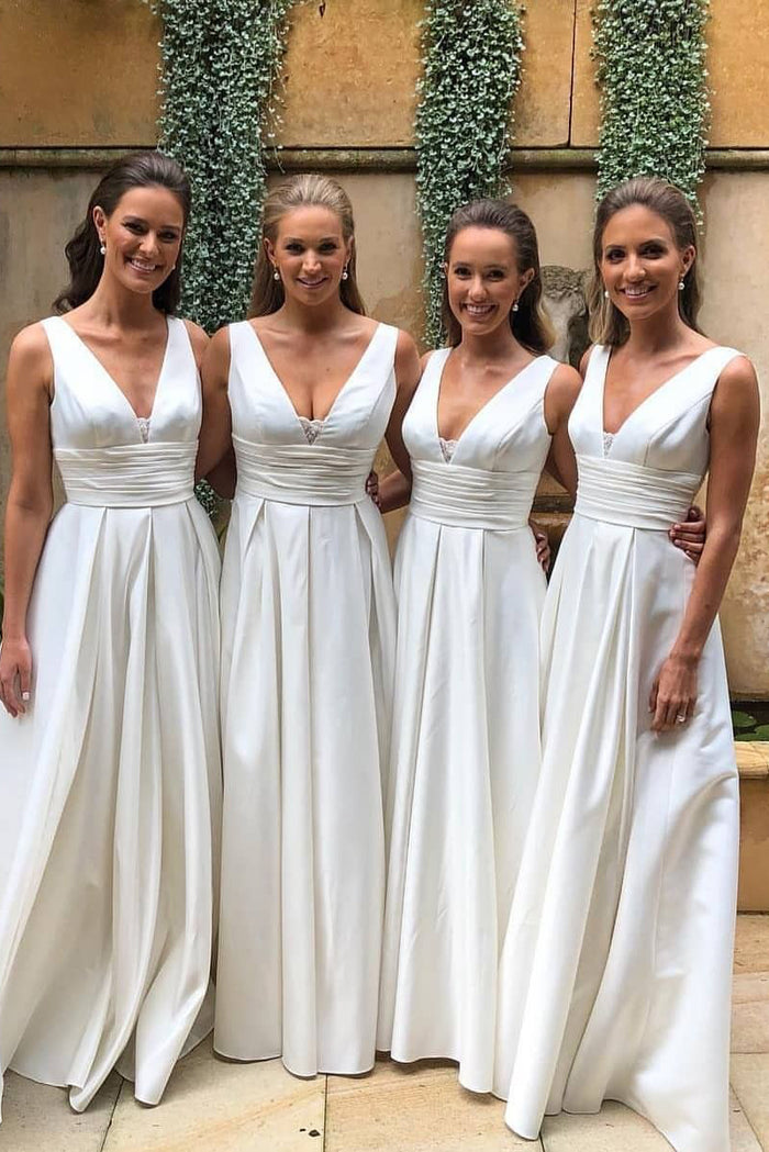 V-Neck Empire Ivory Bridesmaid Dress with Pleated Belt