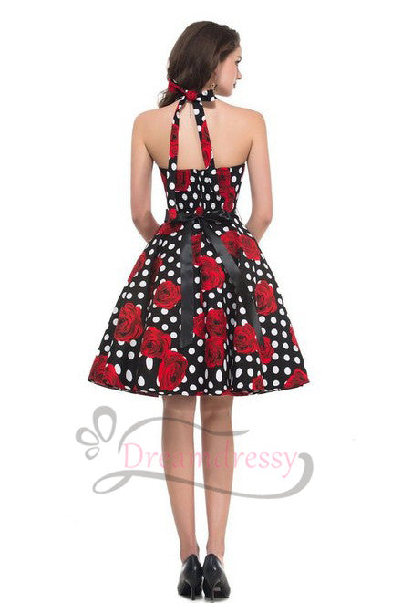 1950s Vintage Polk Dots Short Dress with Floral Print