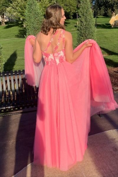 One Shoulder Hot Pink Tulle Prom Dress with Appliques