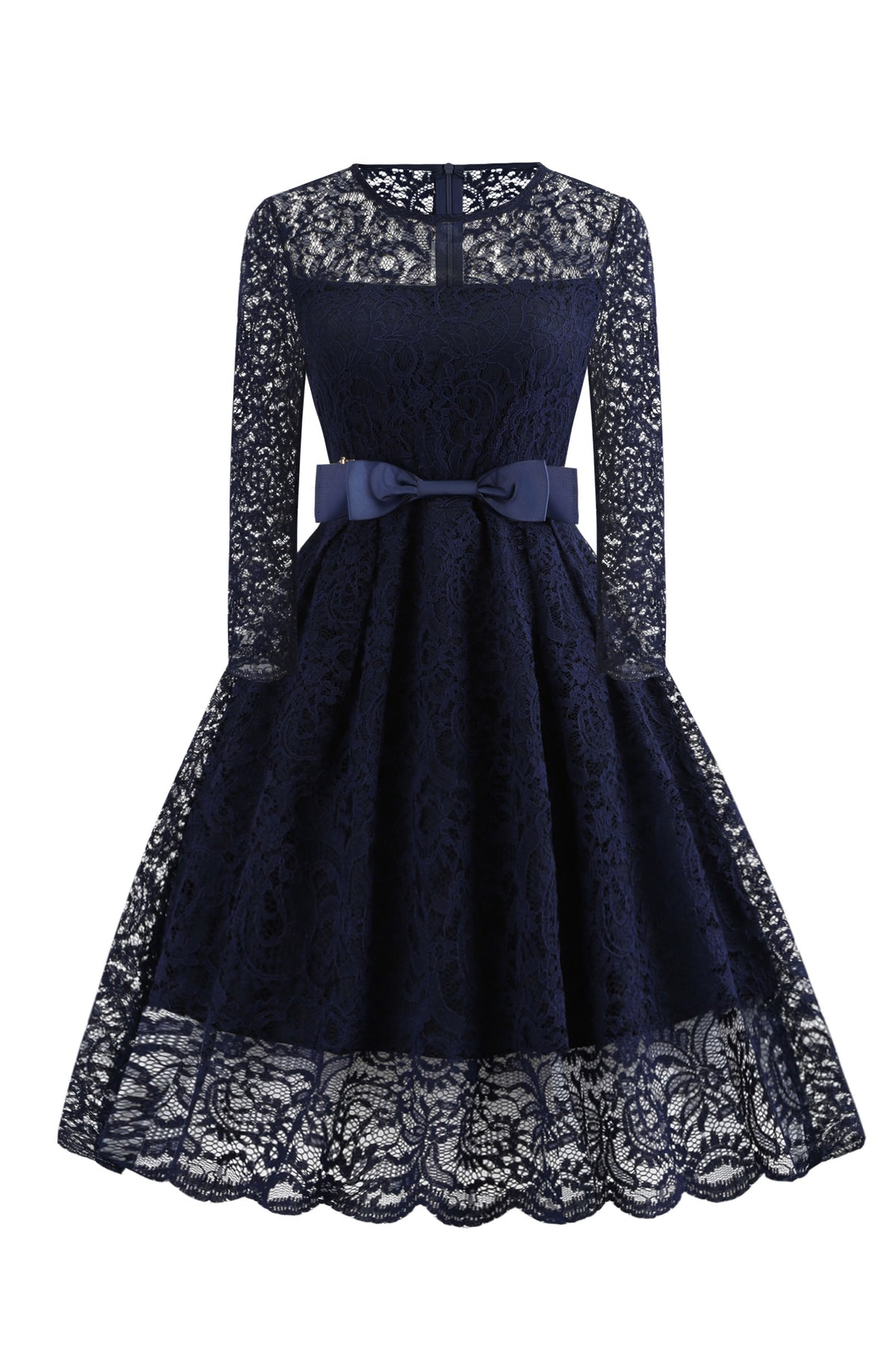 Long Sleeves Lace Navy Cocktail Dress with Ribbon