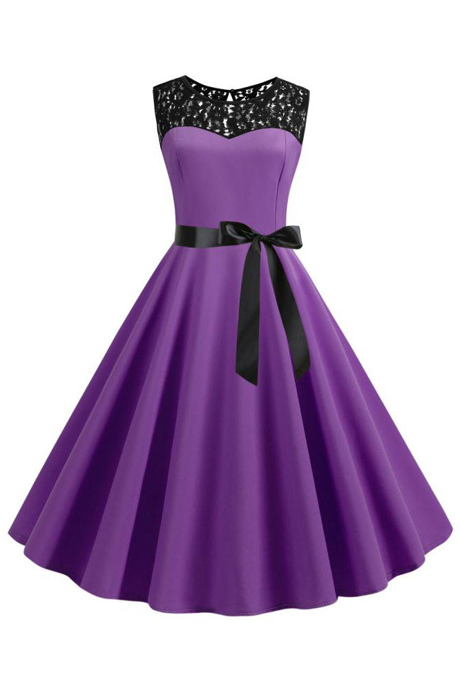 Retro Belted Purple Swing Dress with Lace