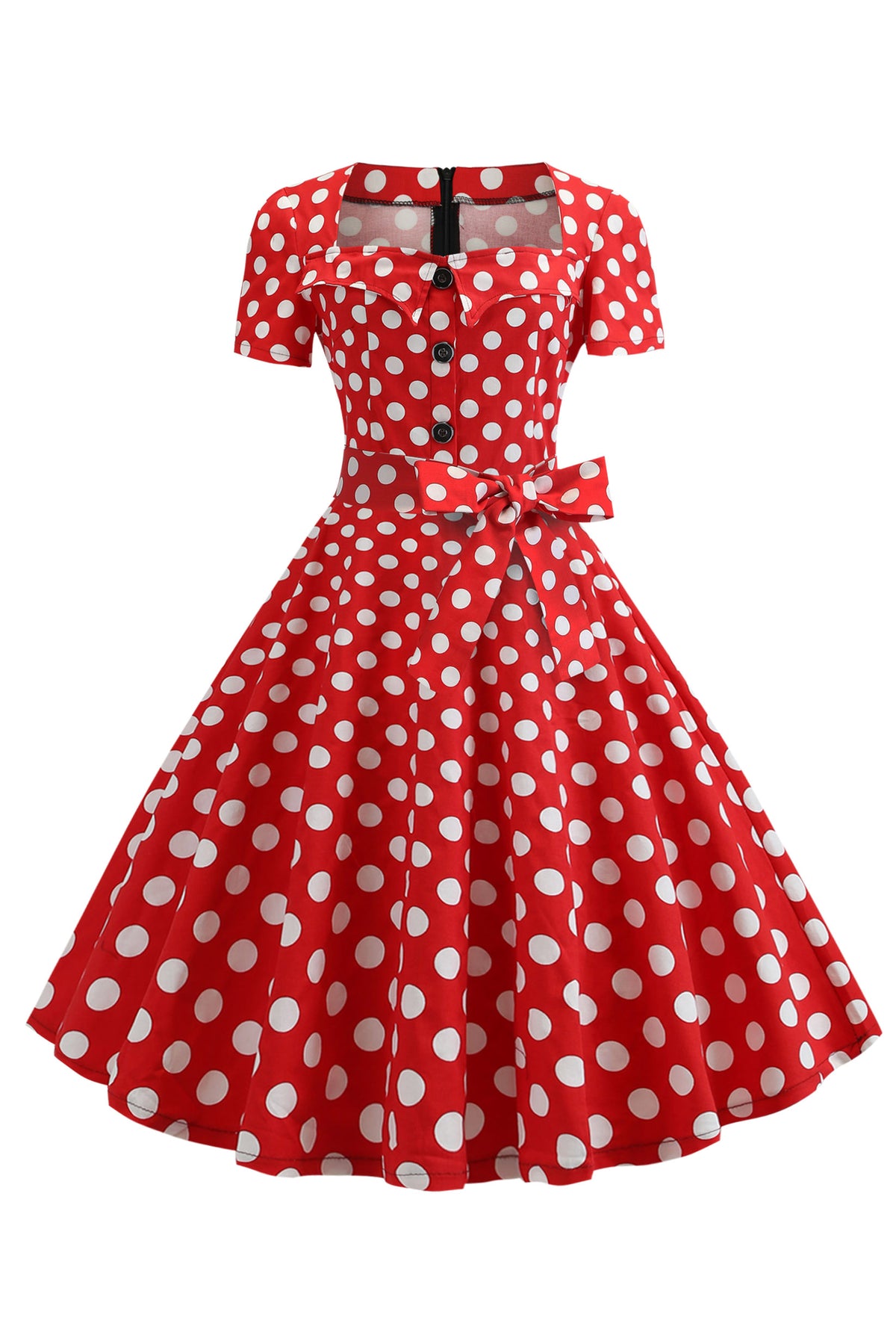 Vintage Square Neck Polka Dots Button Midi Dress