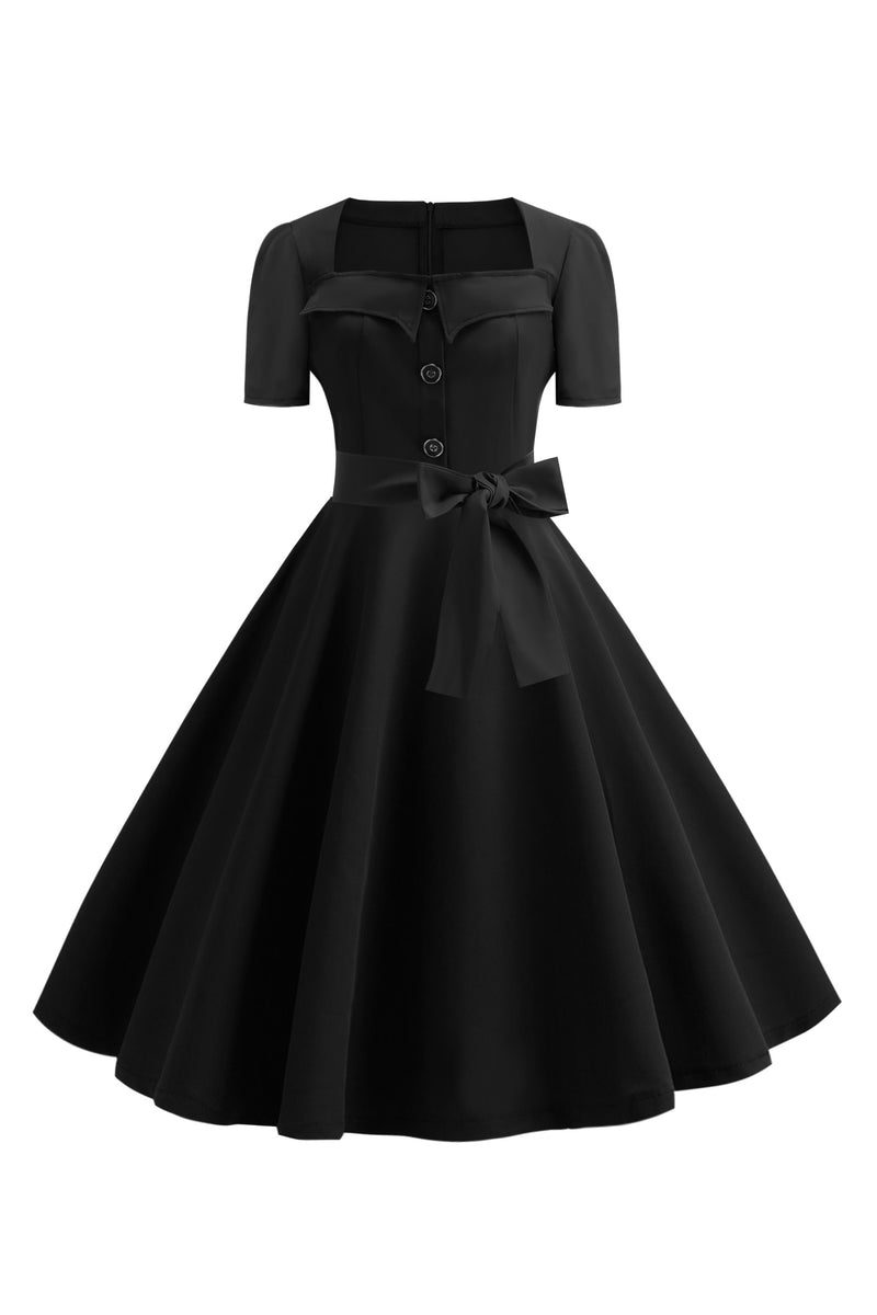 Vintage Button Up Short Sleeves Black Cocktail Dress