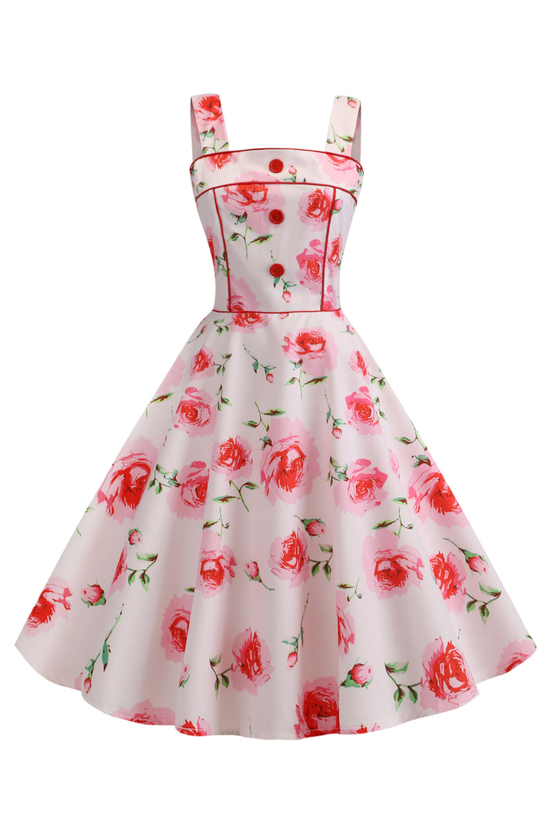 Vintage Floral Print Cocktail Dress with Buttons