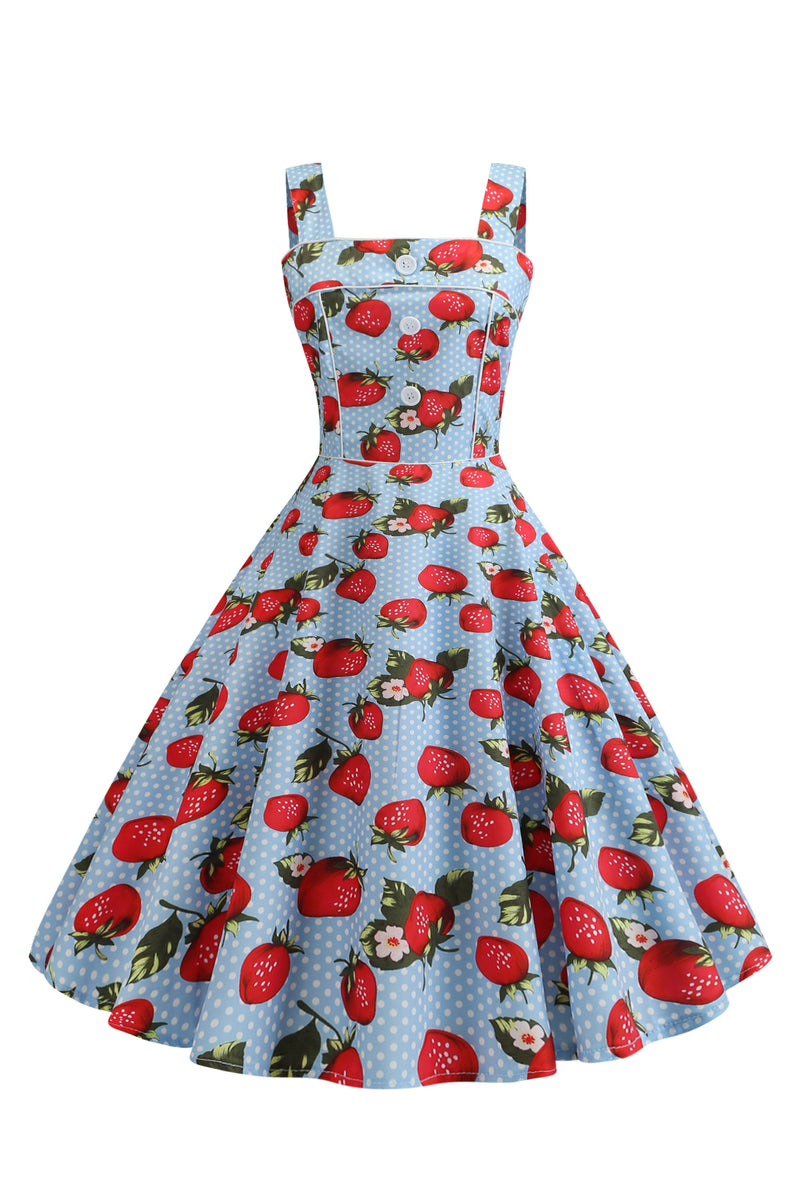 Vintage Button Embellished Strawberry Print Swing Dress