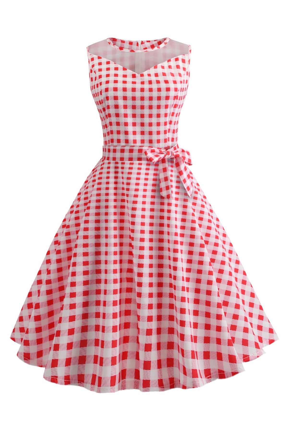 1960S Jewel Neck Gingham Swing Dress with Ribbon