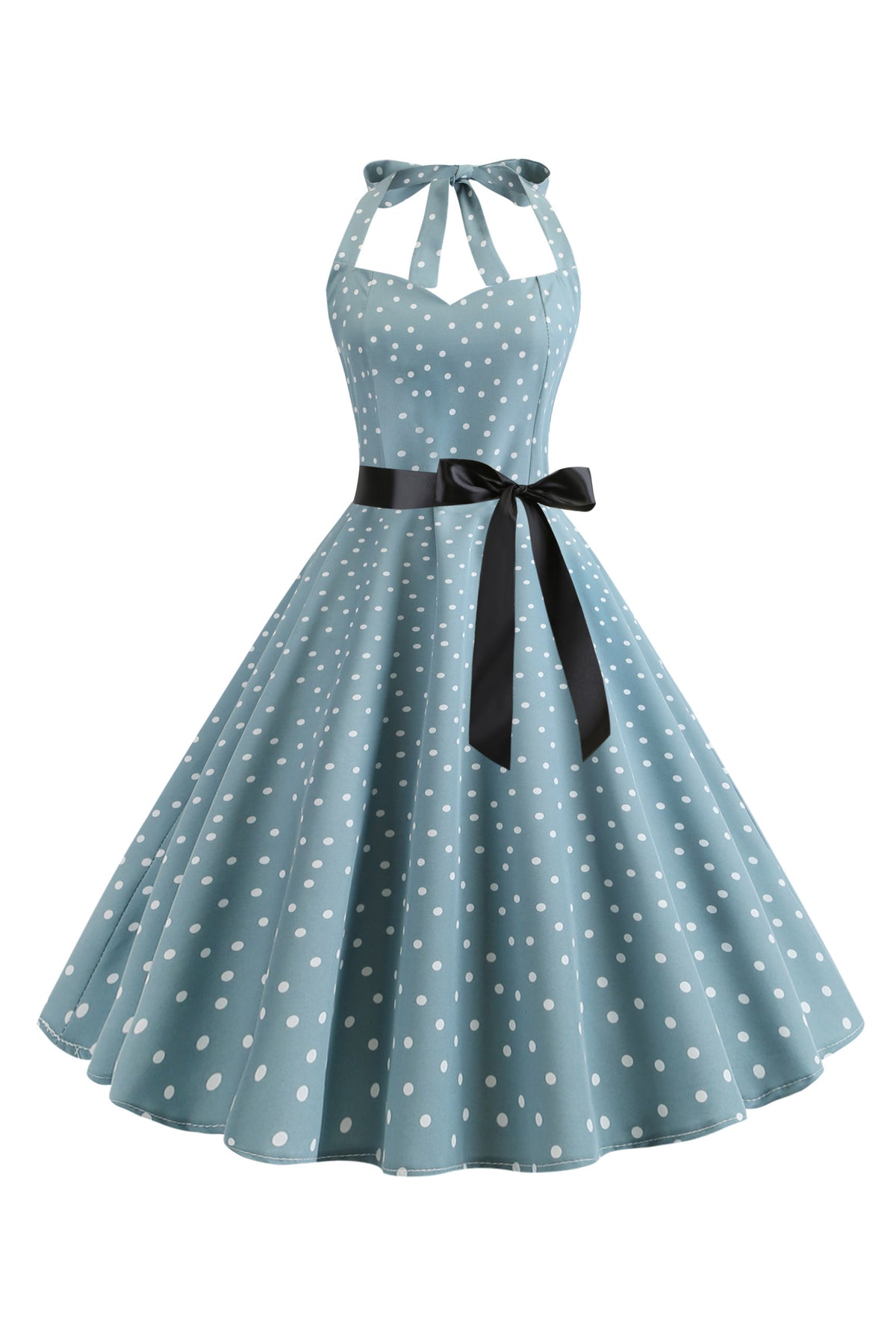 Vintage Halter Pin Dot Swing Dress with Ribbon