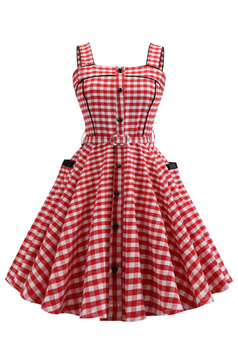 Plaid Button Embellished Cocktail Dress with Pockets