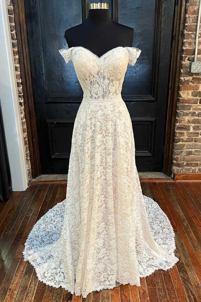 White Lace Off-the-Shoulder Cutout Floor-Length Wedding Dress