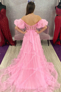 Princess Pink Off-the-Shoulder A-Line Prom Dress with Ruffles