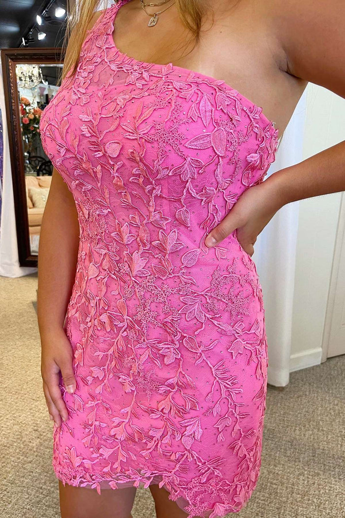 Hot Pink Appliques One-Shoulder Short Homecoming Dress