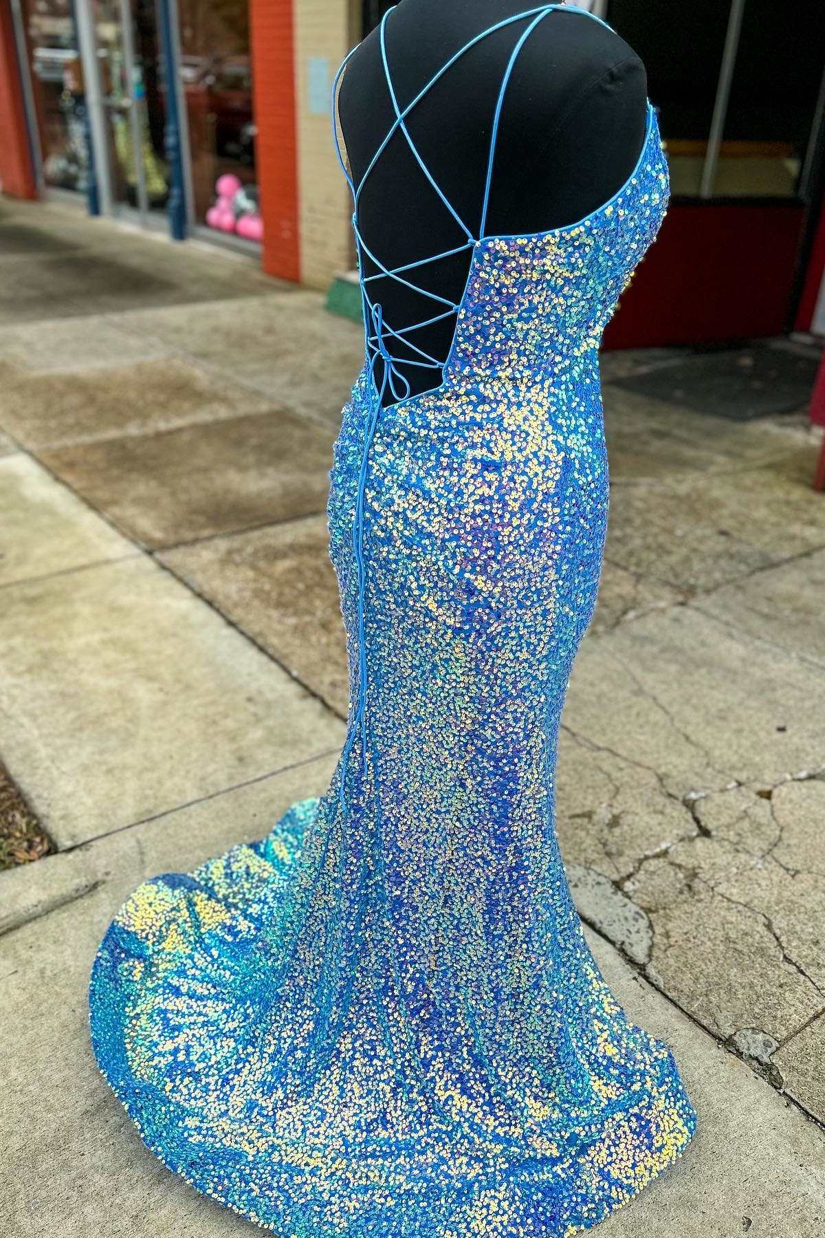 Purple Iridescent Sequin Empire Waist Lace-Up Mermaid Long Dress