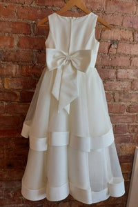 White Jewel Sleeveless Multi-Layers Long Flower Girl Dress wit Bow Sash