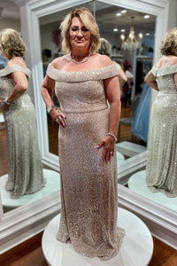 Gorgeous Champagne Sequin Off-the-Shoulder Long Mother of the Bride Dress