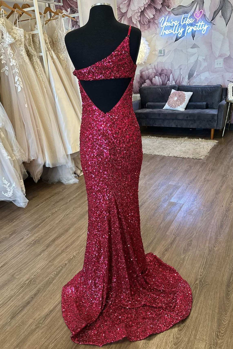 Sequins One-Shoulder Cutout Back Mermaid Long Prom Dress with Slit