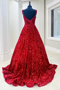 Red Sequin Square Neck Backless A-Line Long Prom Gown