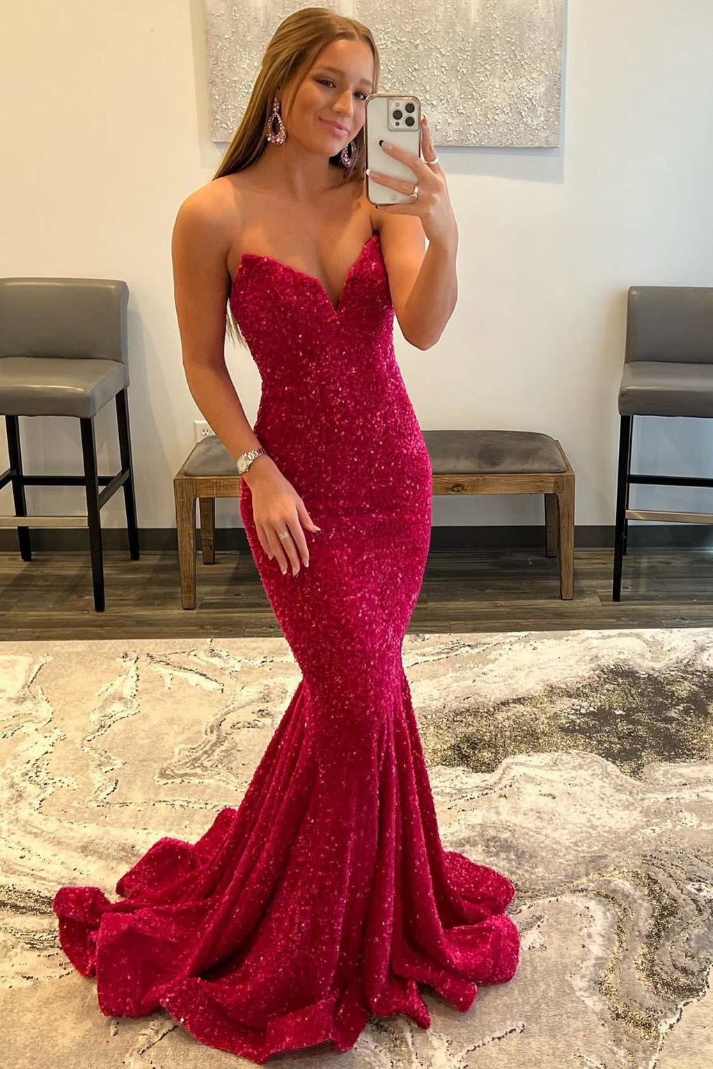 Neon Pink Sequin Strapless Mermaid Long Prom Dress – Dreamdressy
