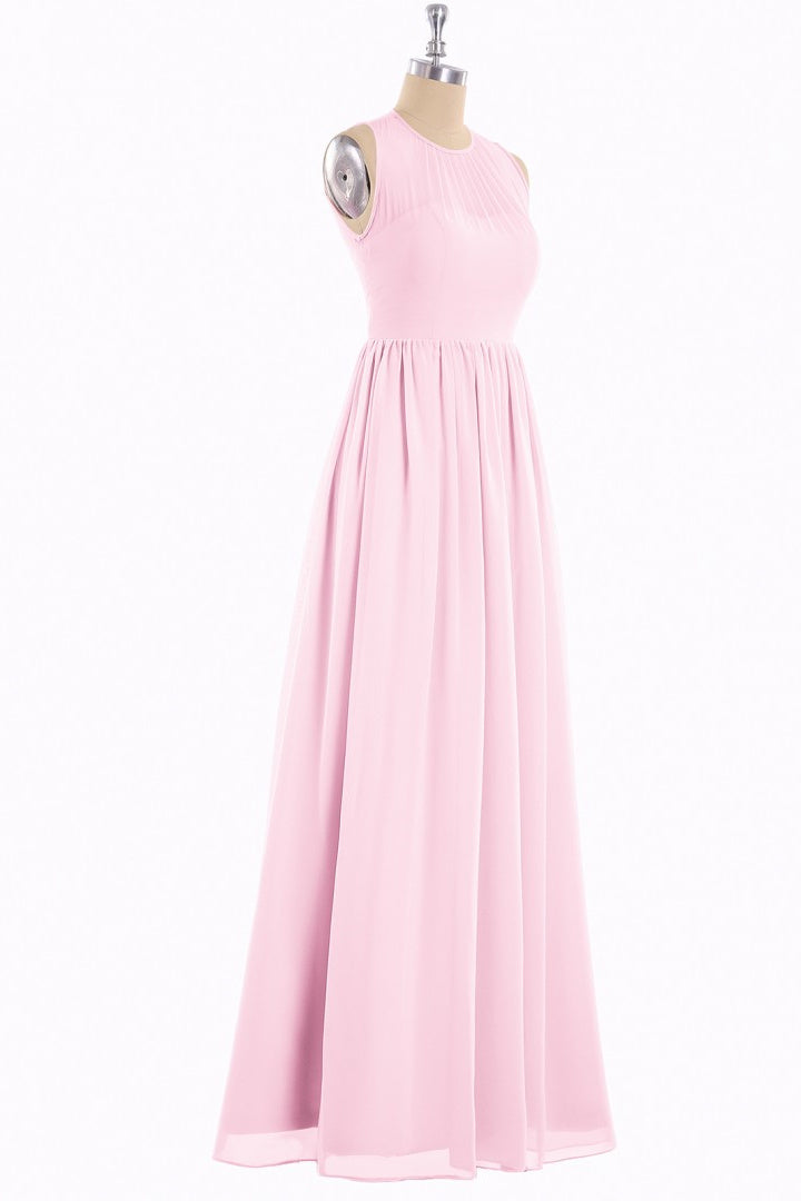 Pink Chiffon Halter Cutout Back A-Line Long Bridesmaid Dress
