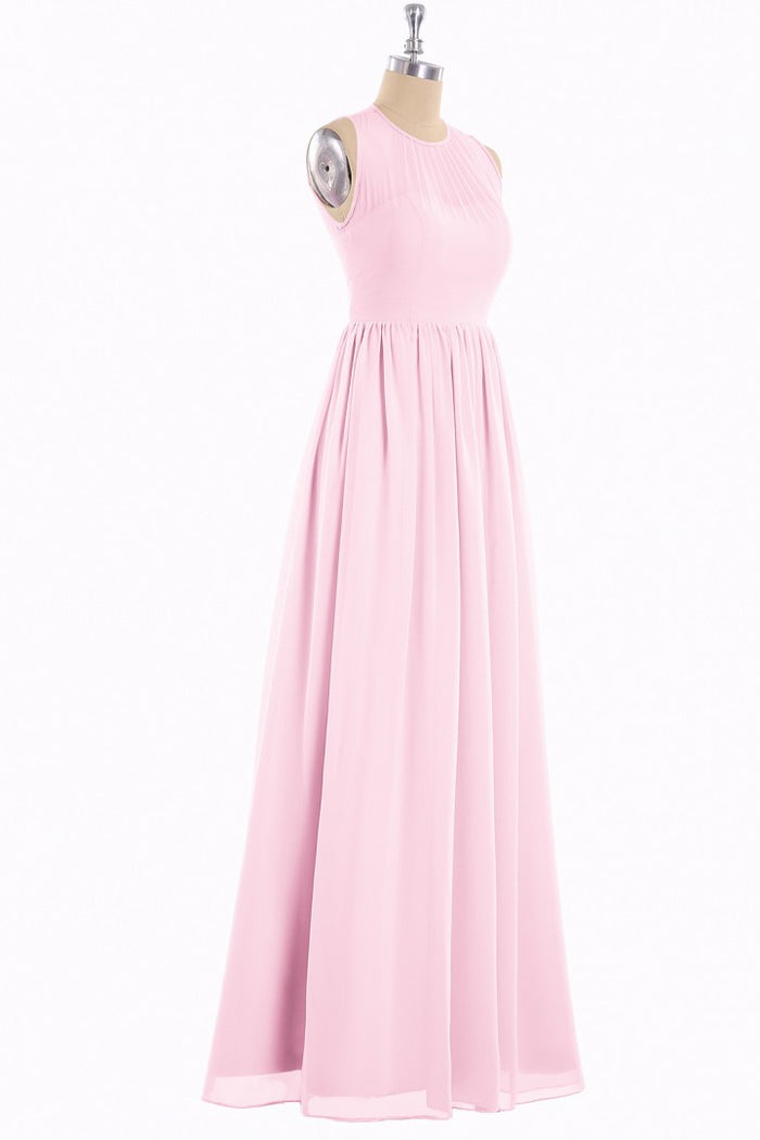 Pink Chiffon Halter Cutout Back A-Line Long Bridesmaid Dress